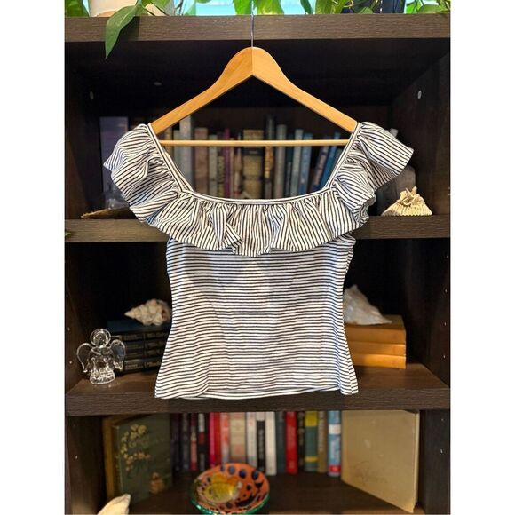 Maeve x Anthropologie Black & White Stripe Ruffle Neckline Blouse Size Small - Picture 2 of 5
